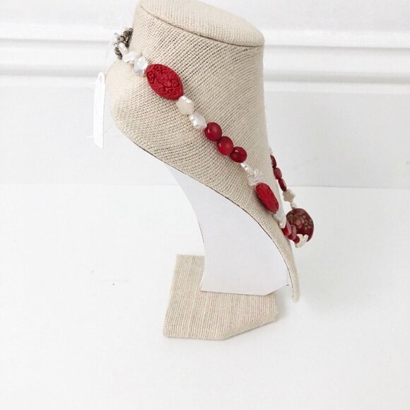 NWT Genuine Red Coral, Carved Cinnabar & Pearl Necklace Beaded - Picture 4 of 6
